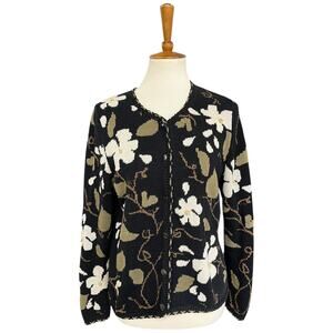Peruvian Connection Daisy Floral Knit Art-to-Wear Cardigan Sweater Size Medium